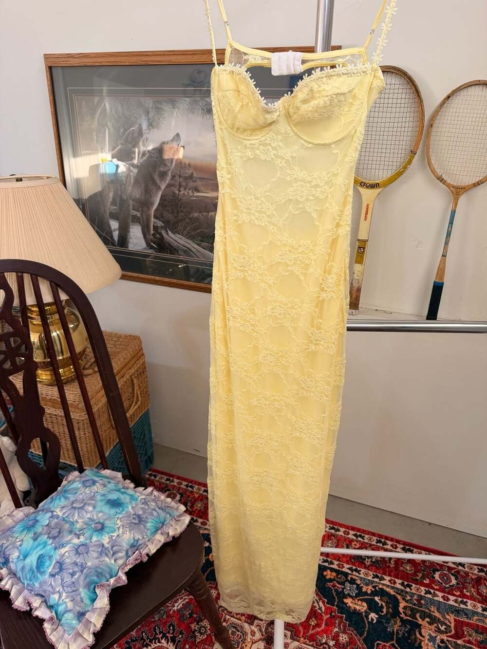 Lucy In The Sky Daisy Butter Yellow Lace Maxi Bralette Dress Open Back Small